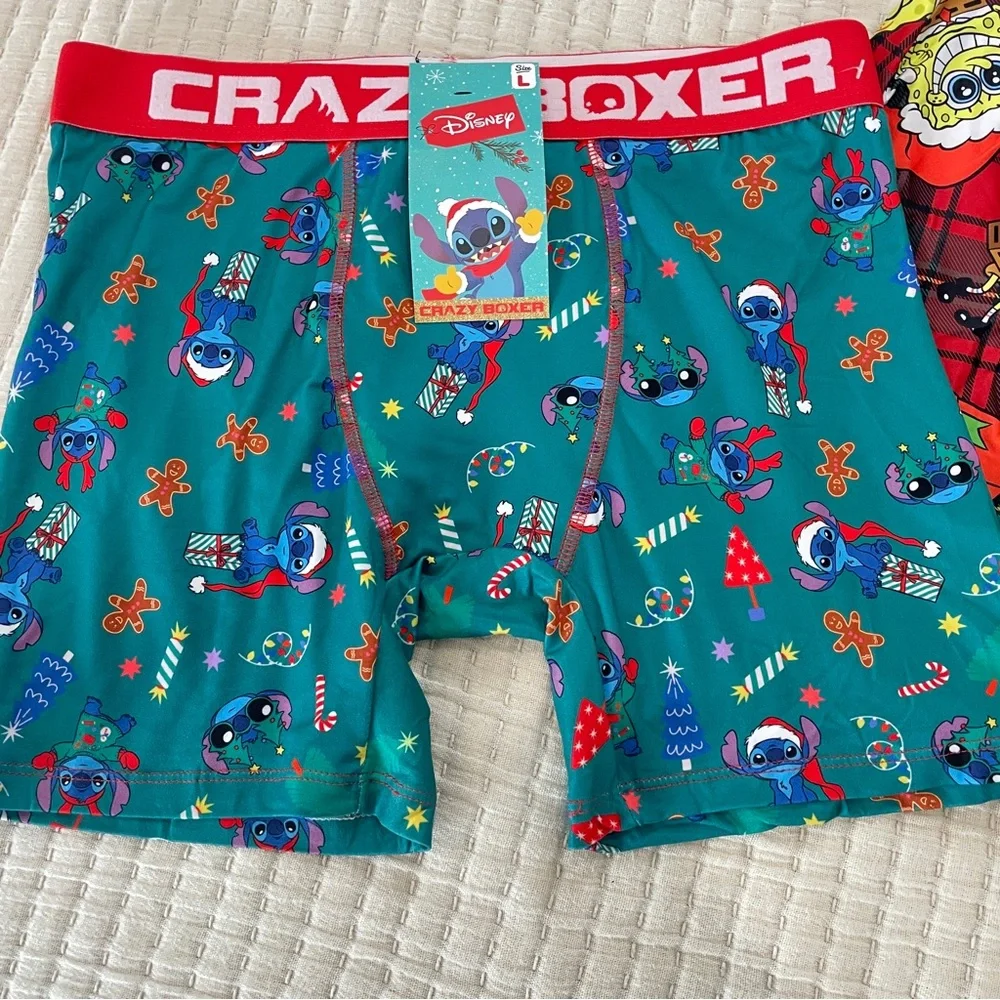 NEW Crazy Boxer Mens Christmas Underwear 2 Pack Stitch SpongeBob‎ Holiday Large